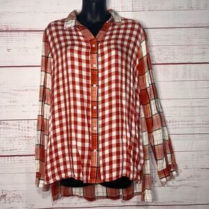 Women's Orange & White Multi Print Plaid Top | Large